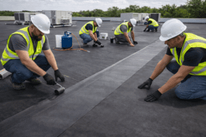 Commercial roofing crew installing EPDM roofing system