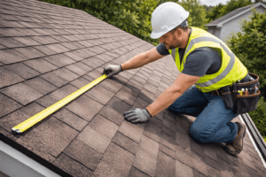 Roofing contractor measuring a residential roof