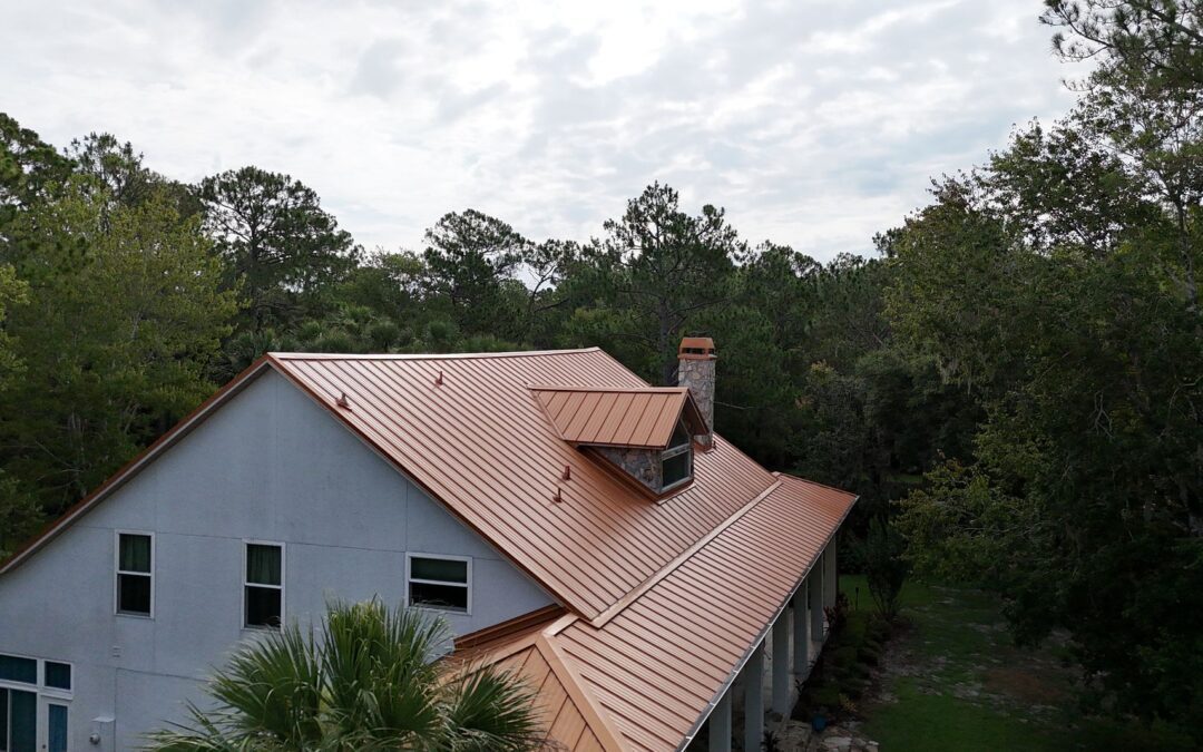 A picture of a house that has metal roofing