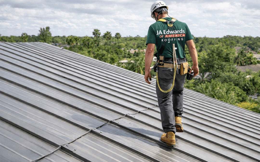 Professional walking safely on a metal roofing system in Florida