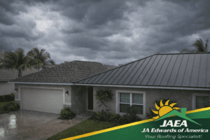 Florida storm clouds over homes showing roofs designed to handle heavy rain and wind.