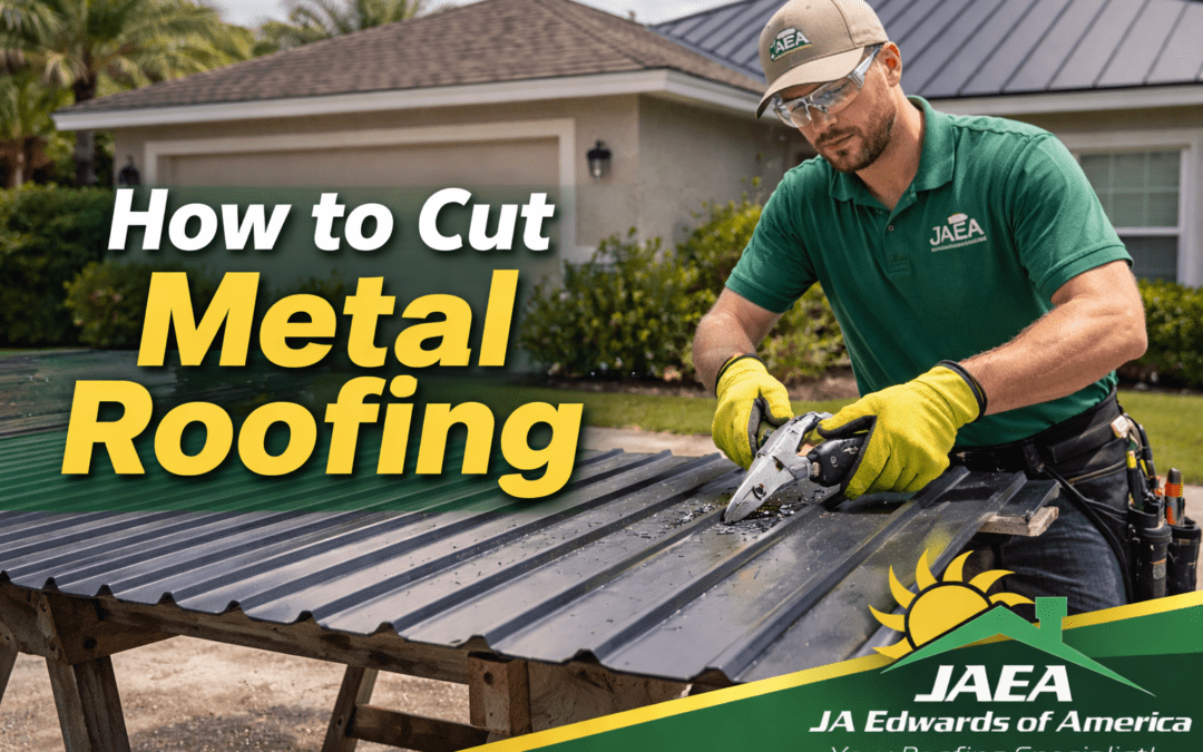Cutting a metal roofing panel on sawhorses outside a Florida home with safety gloves and eye protection