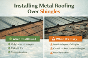 Image showing a metal roofing being installing over shingles