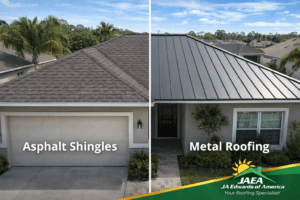 Split view of a Florida home showing asphalt shingles on one side and standing seam metal roofing on the other.
