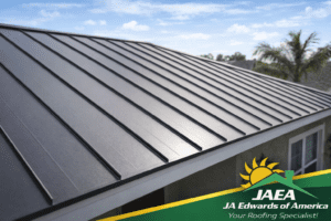 Close-up of standing seam metal roofing panels with clean seams on a Florida home.
