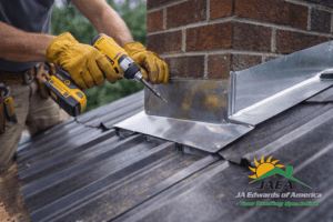 New flashing installed during metal roofing over shingles